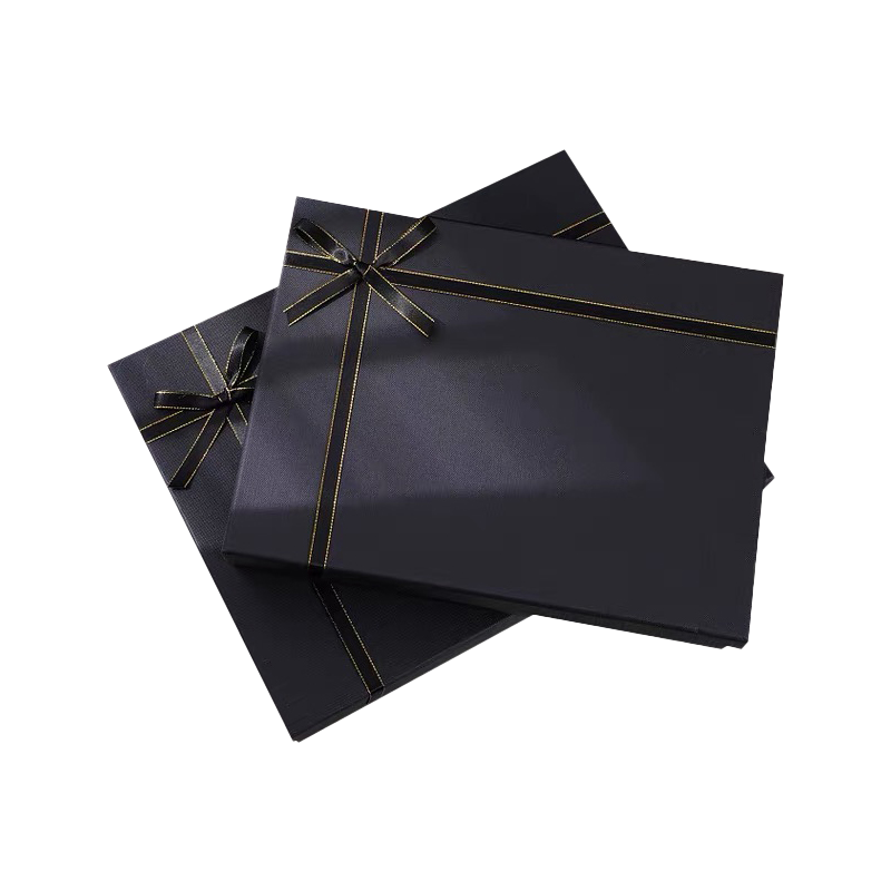 Kotak Kertas Hitam Logo Jenama Tersuai untuk Kotak Hadiah Percutian Pakaian Kotak Pembungkusan Hadiah DENGAN Reben